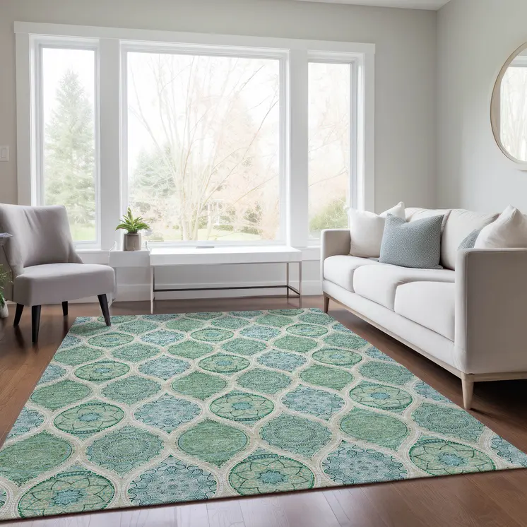 5' X 8' Sage Ivory And Teal Blue Floral Medallion Washable Indoor Outdoor Area Rug