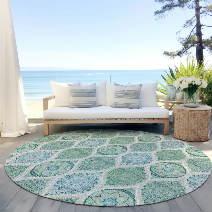 8' Sage Ivory And Teal Blue Round Floral Medallion Washable Indoor Outdoor Area Rug
