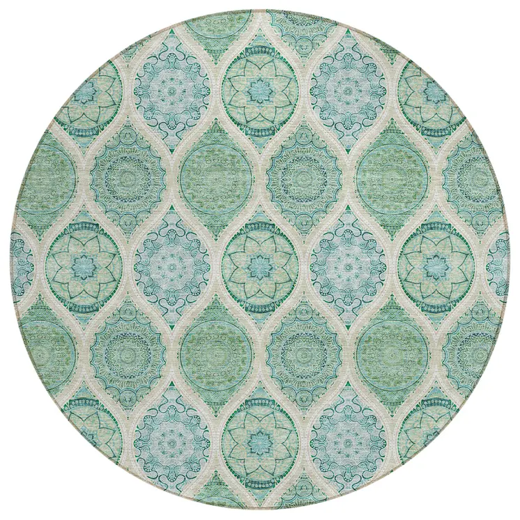 8' Sage Ivory And Teal Blue Round Floral Medallion Washable Indoor Outdoor Area Rug