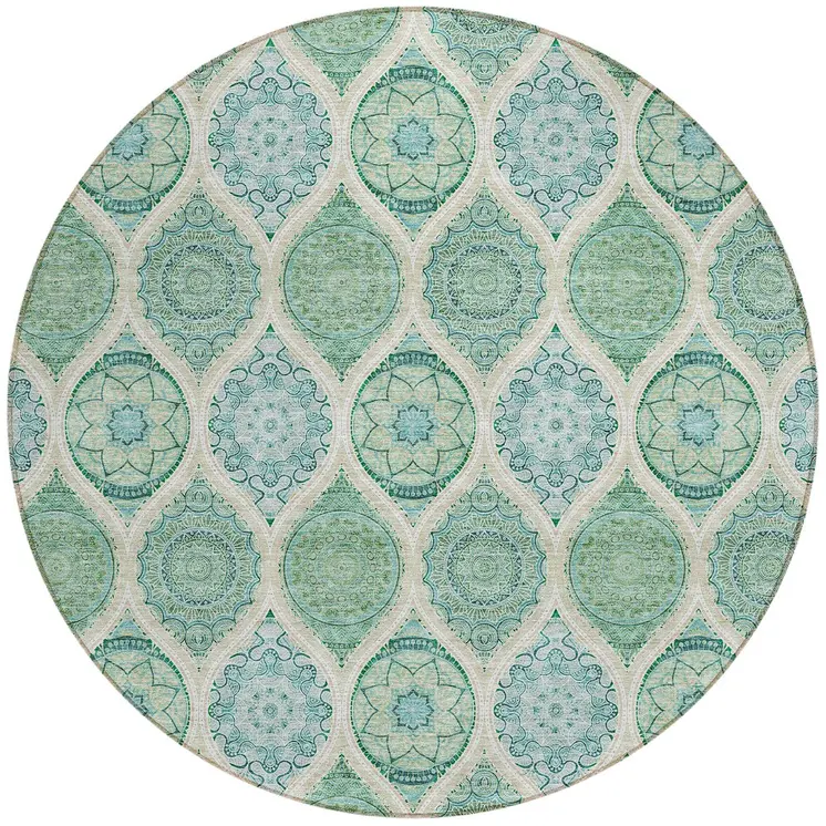 8' Sage Ivory And Teal Blue Round Floral Medallion Washable Indoor Outdoor Area Rug