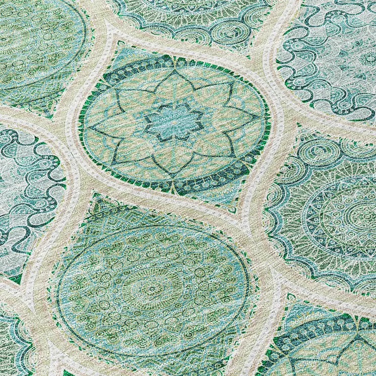 8' Sage Ivory And Teal Blue Round Floral Medallion Washable Indoor Outdoor Area Rug