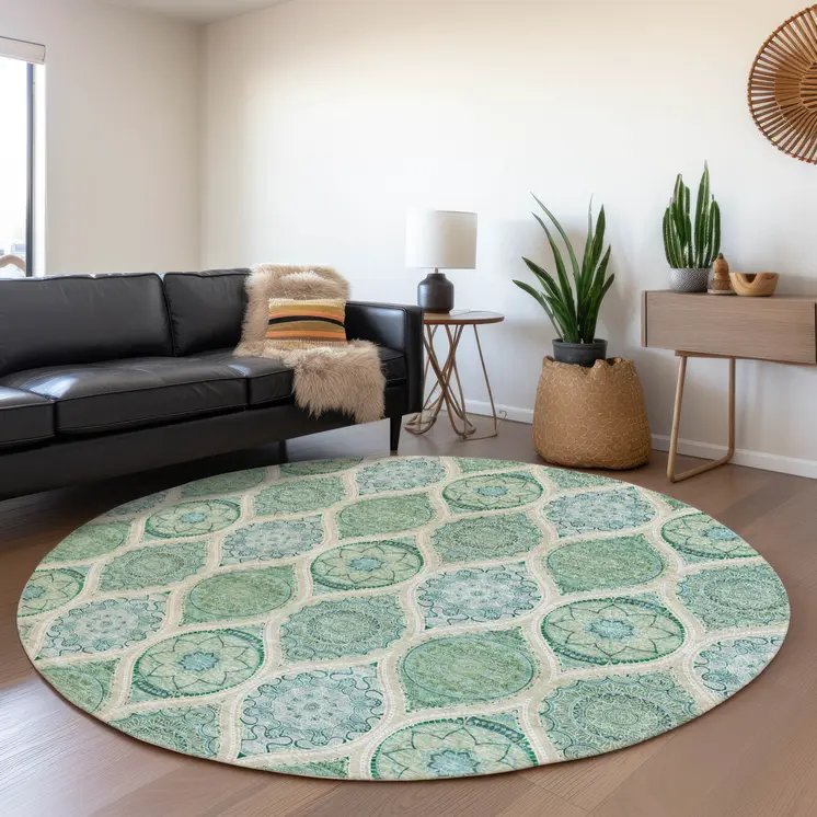 8' Sage Ivory And Teal Blue Round Floral Medallion Washable Indoor Outdoor Area Rug
