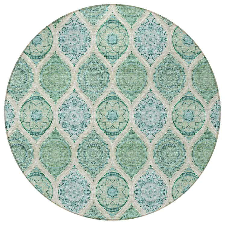 8' Sage Ivory And Teal Blue Round Floral Medallion Washable Indoor Outdoor Area Rug
