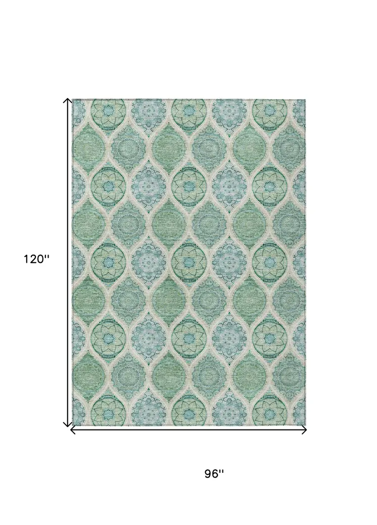 8' X 10' Sage Ivory And Teal Blue Floral Medallion Washable Indoor Outdoor Area Rug