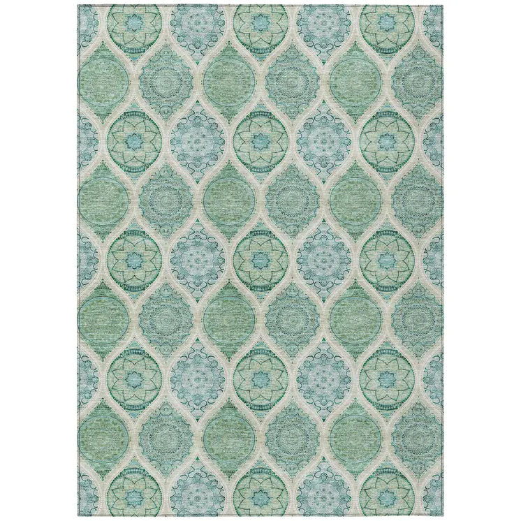 8' X 10' Sage Ivory And Teal Blue Floral Medallion Washable Indoor Outdoor Area Rug