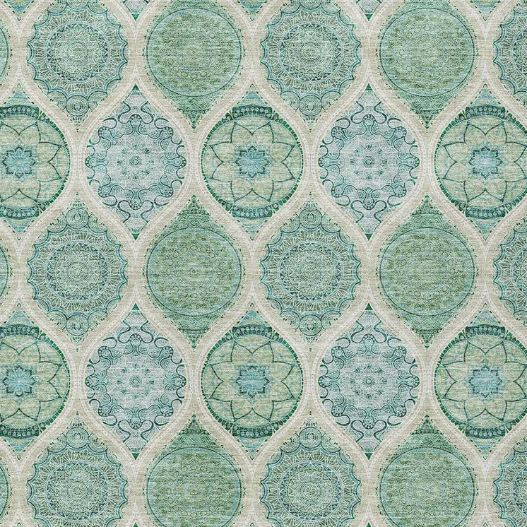 8' X 10' Sage Ivory And Teal Blue Floral Medallion Washable Indoor Outdoor Area Rug