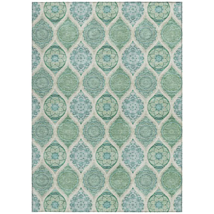 9' X 12' Sage Ivory And Teal Blue Floral Medallion Washable Indoor Outdoor Area Rug