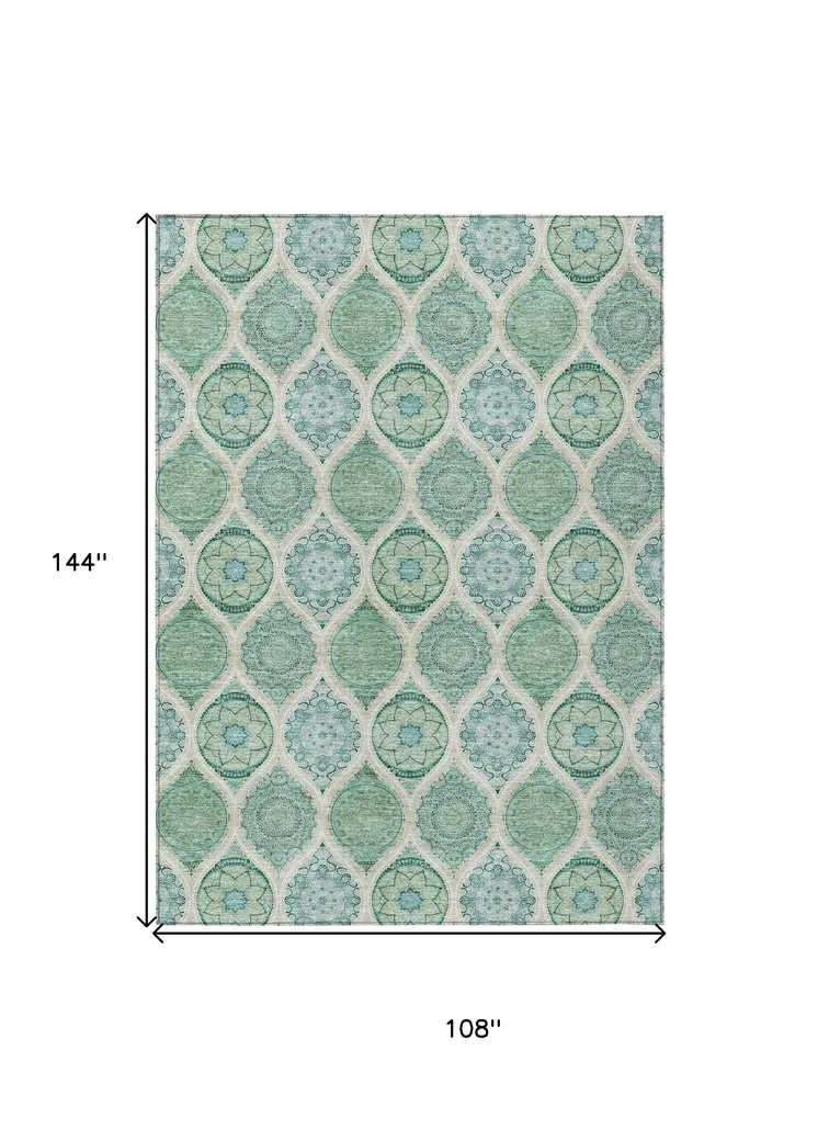 9' X 12' Sage Ivory And Teal Blue Floral Medallion Washable Indoor Outdoor Area Rug