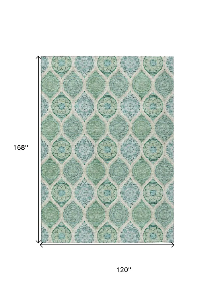10' X 14' Sage Ivory And Teal Blue Floral Medallion Washable Indoor Outdoor Area Rug