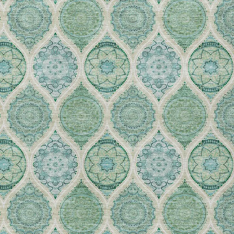 10' X 14' Sage Ivory And Teal Blue Floral Medallion Washable Indoor Outdoor Area Rug