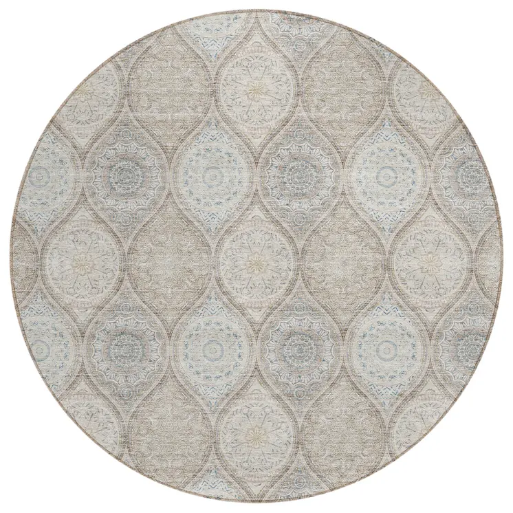 8' Taupe Beige And Khaki Round Floral Medallion Washable Indoor Outdoor Area Rug