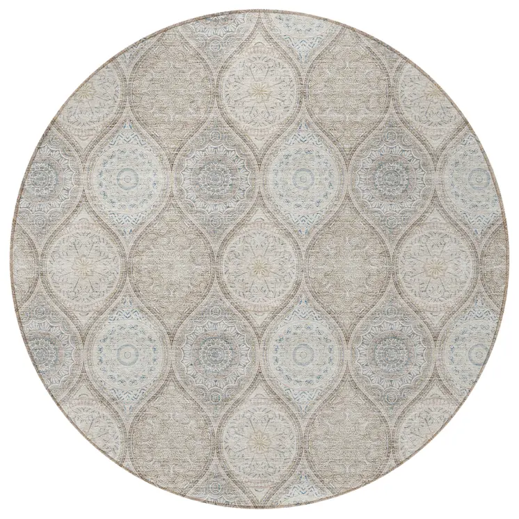 8' Taupe Beige And Khaki Round Floral Medallion Washable Indoor Outdoor Area Rug