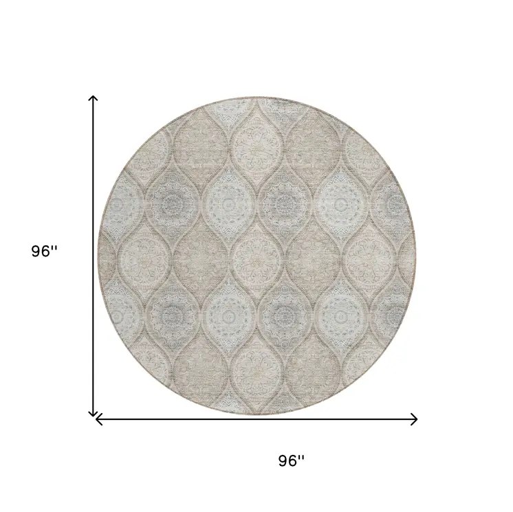 8' Taupe Beige And Khaki Round Floral Medallion Washable Indoor Outdoor Area Rug