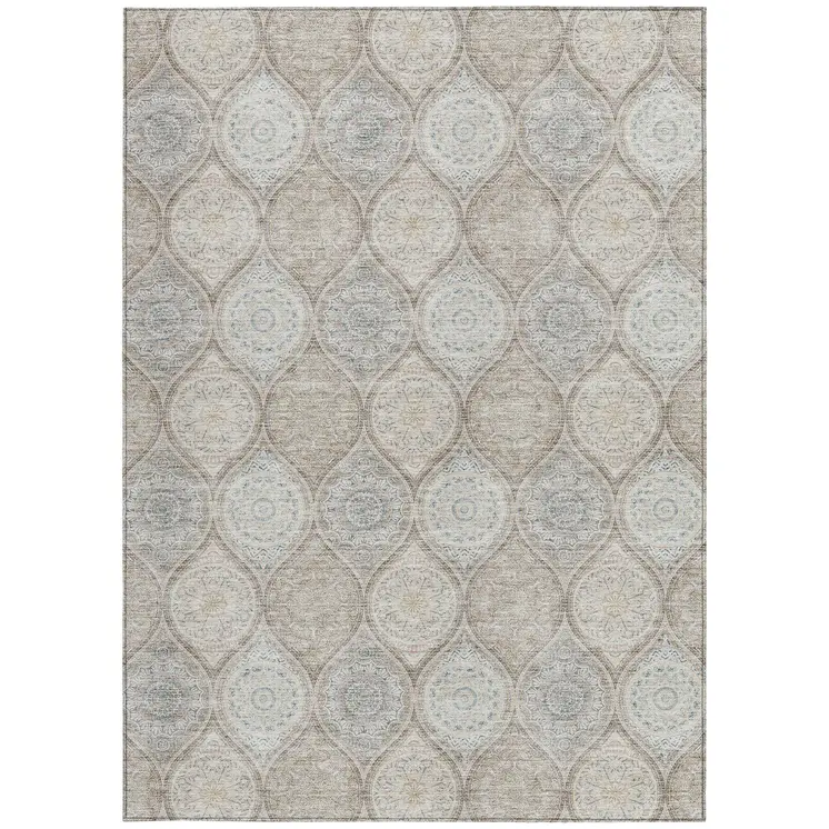 8' X 10' Taupe Beige And Khaki Floral Medallion Washable Indoor Outdoor Area Rug