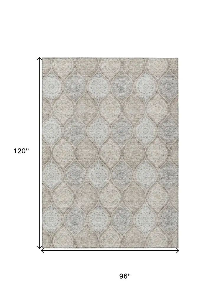 8' X 10' Taupe Beige And Khaki Floral Medallion Washable Indoor Outdoor Area Rug