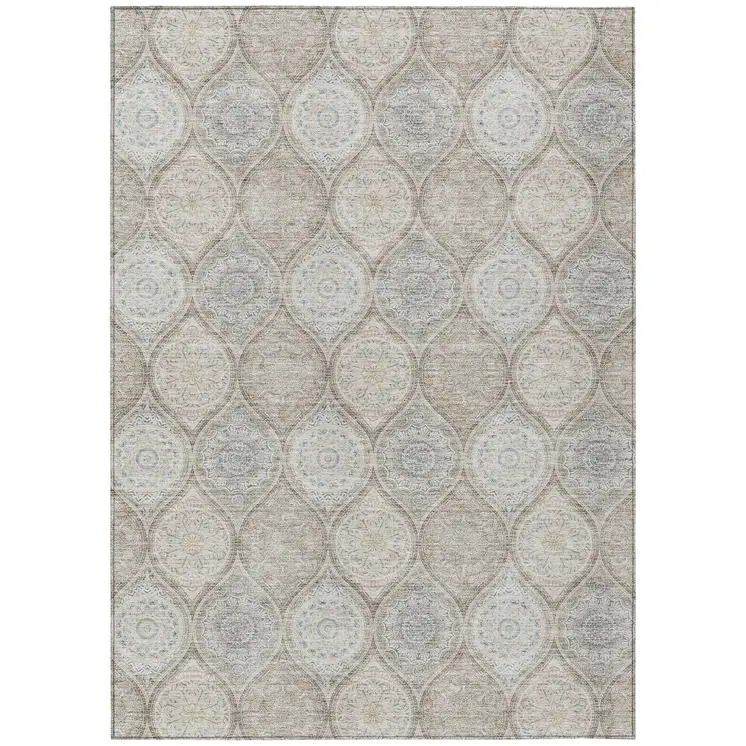 8' X 10' Taupe Beige And Khaki Floral Medallion Washable Indoor Outdoor Area Rug