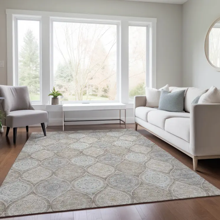 8' X 10' Taupe Beige And Khaki Floral Medallion Washable Indoor Outdoor Area Rug
