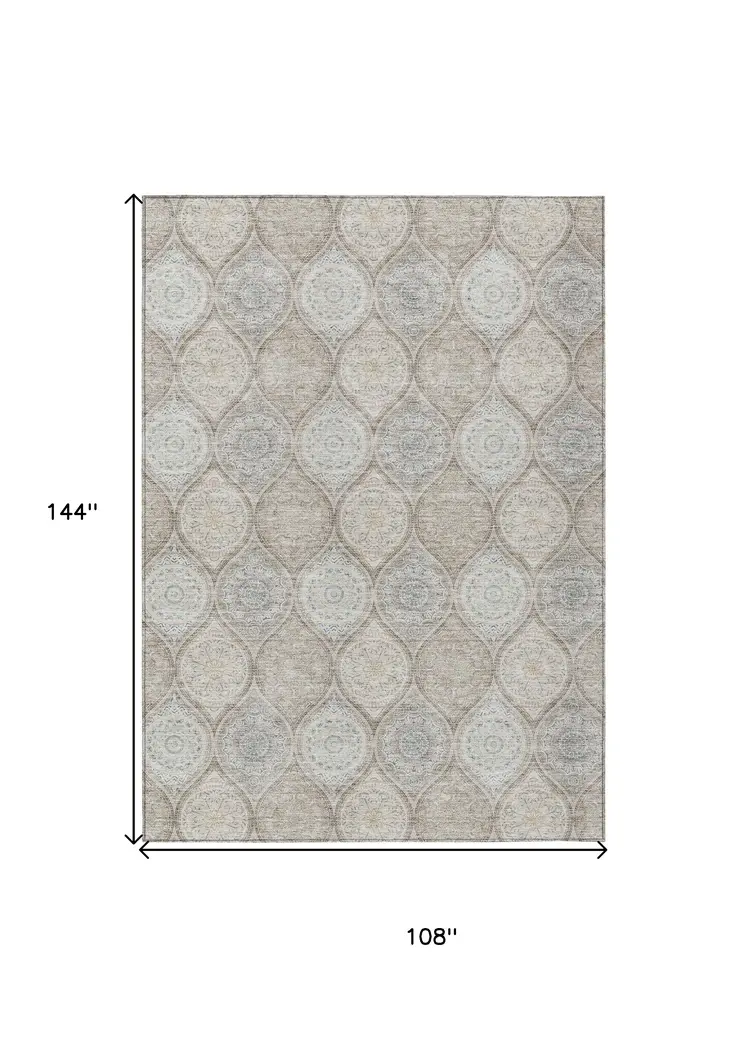 9' X 12' Taupe Beige And Khaki Floral Medallion Washable Indoor Outdoor Area Rug