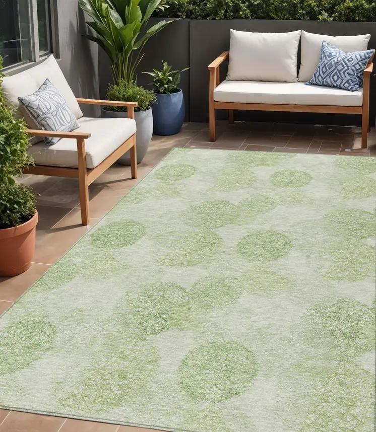 5' X 8' Sage Fern Green And Ivory Polka Dot Washable Indoor Outdoor Area Rug
