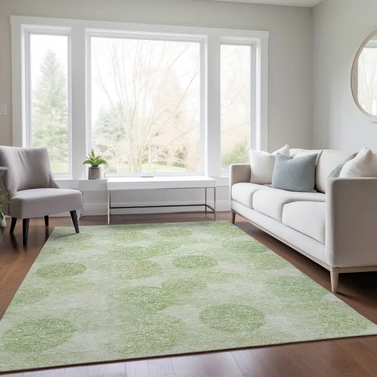 9' X 12' Sage Fern Green And Ivory Polka Dot Washable Indoor Outdoor Area Rug