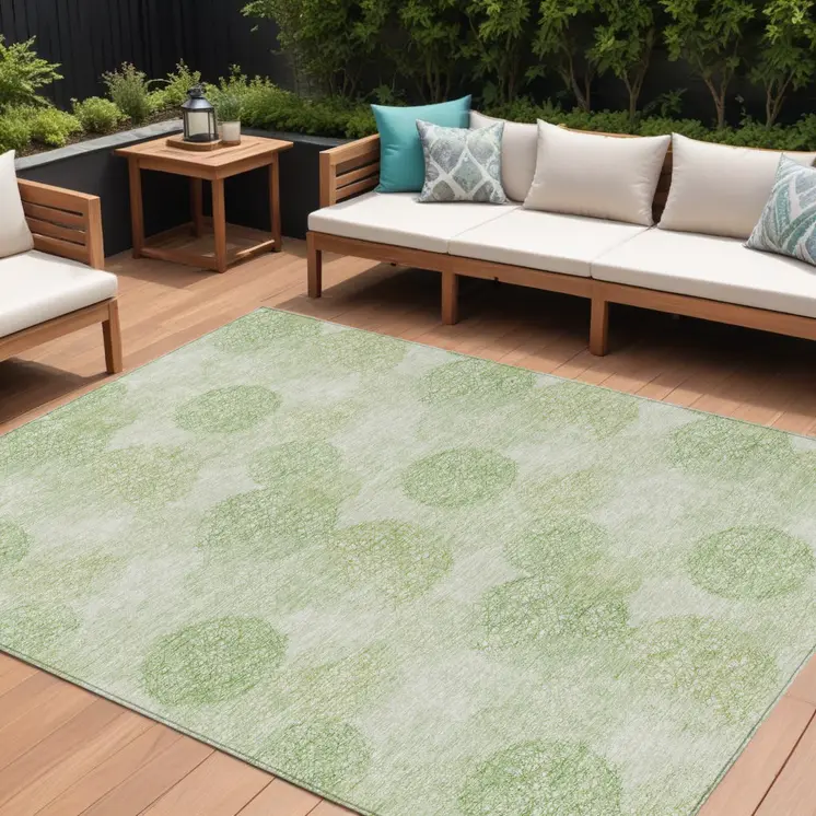 10' X 14' Sage Fern Green And Ivory Polka Dot Washable Indoor Outdoor Area Rug