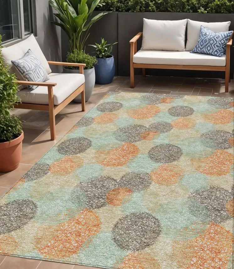 5' X 8' Beige Aqua And Orange Polka Dot Washable Indoor Outdoor Area Rug