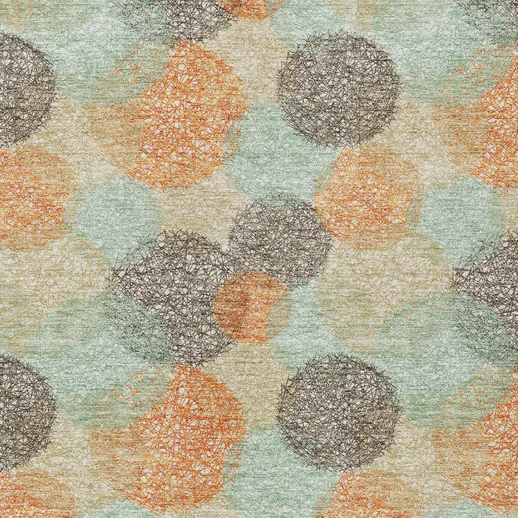 5' X 8' Beige Aqua And Orange Polka Dot Washable Indoor Outdoor Area Rug