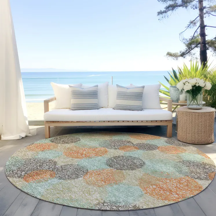 8' Beige Aqua And Orange Round Polka Dot Washable Indoor Outdoor Area Rug