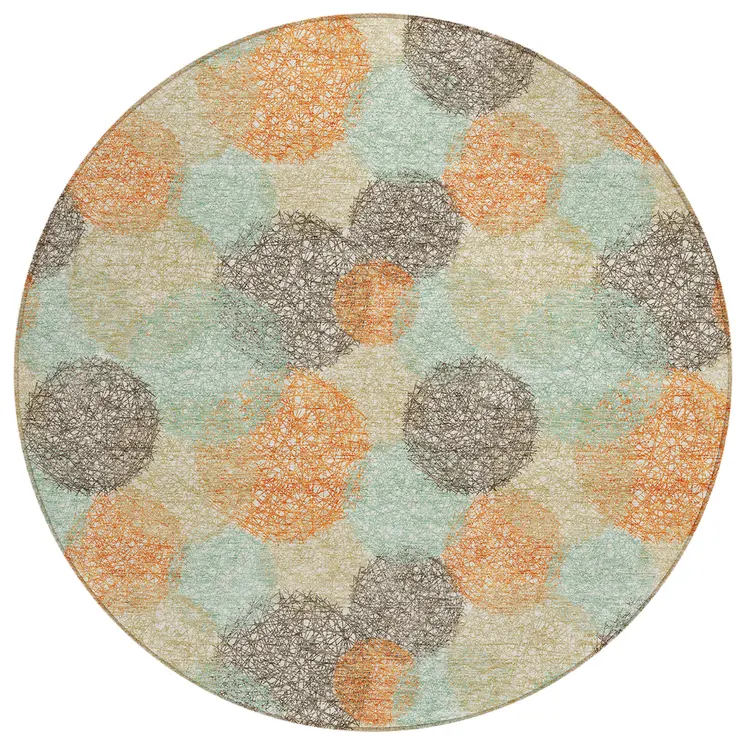 8' Beige Aqua And Orange Round Polka Dot Washable Indoor Outdoor Area Rug
