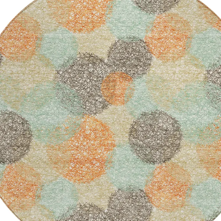 8' Beige Aqua And Orange Round Polka Dot Washable Indoor Outdoor Area Rug