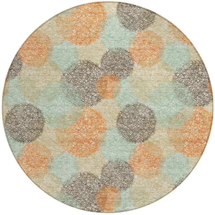 8' Beige Aqua And Orange Round Polka Dot Washable Indoor Outdoor Area Rug