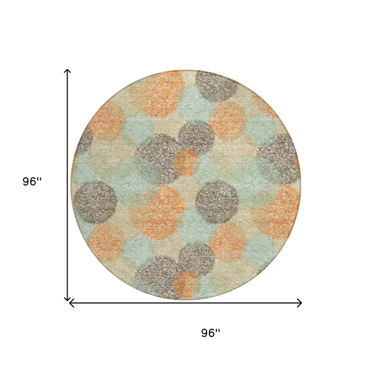 8' Beige Aqua And Orange Round Polka Dot Washable Indoor Outdoor Area Rug