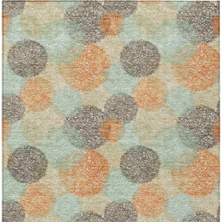 8' X 10' Beige Aqua And Orange Polka Dot Washable Indoor Outdoor Area Rug