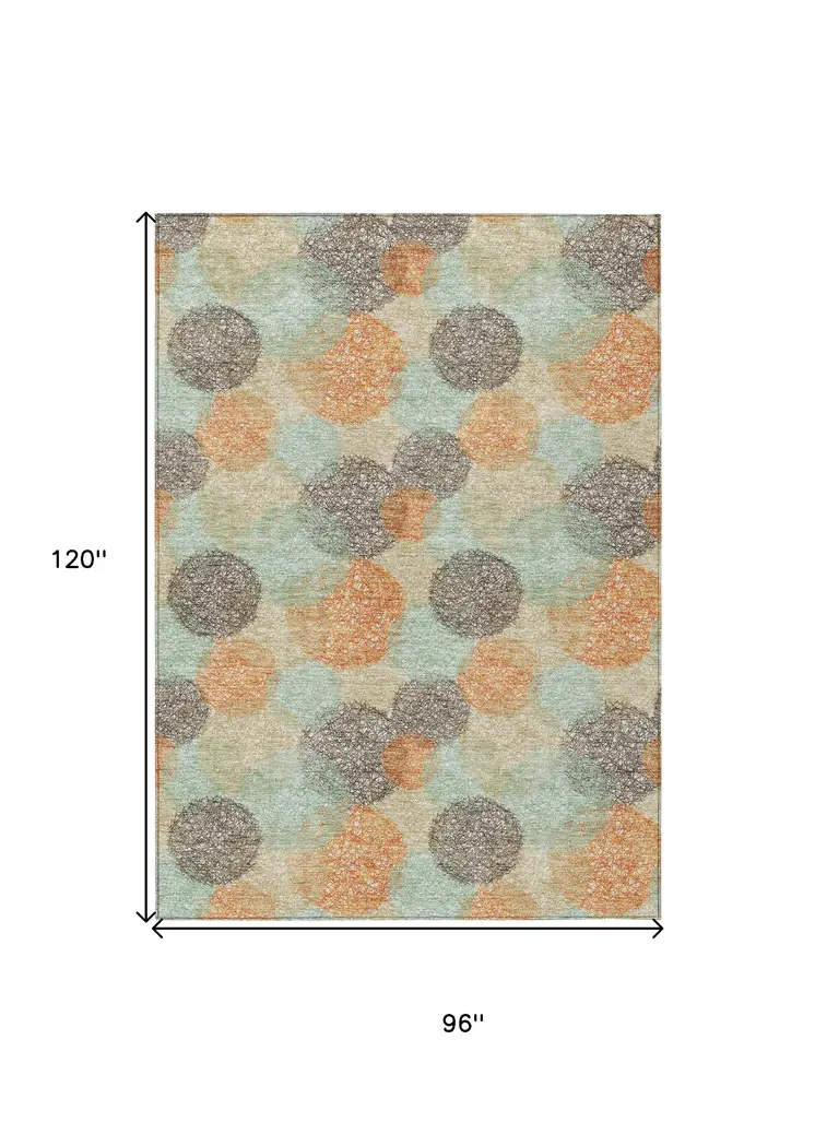 8' X 10' Beige Aqua And Orange Polka Dot Washable Indoor Outdoor Area Rug