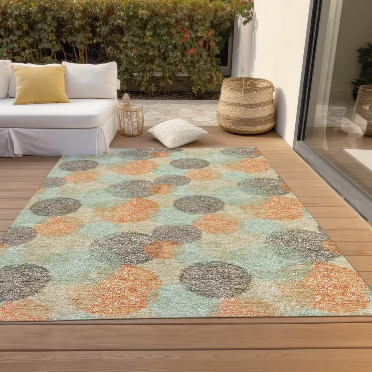 8' X 10' Beige Aqua And Orange Polka Dot Washable Indoor Outdoor Area Rug