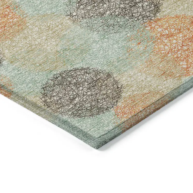 8' X 10' Beige Aqua And Orange Polka Dot Washable Indoor Outdoor Area Rug