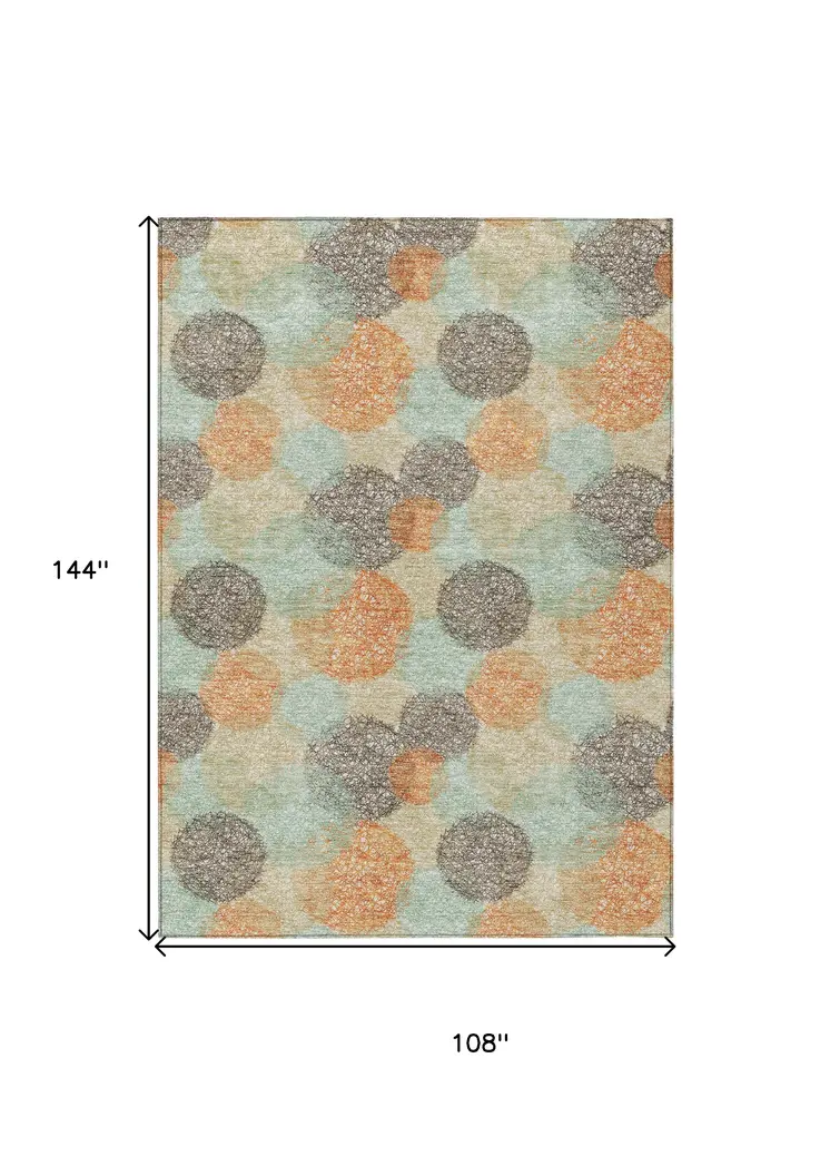 9' X 12' Beige Aqua And Orange Polka Dot Washable Indoor Outdoor Area Rug