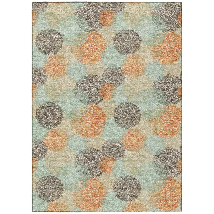 9' X 12' Beige Aqua And Orange Polka Dot Washable Indoor Outdoor Area Rug