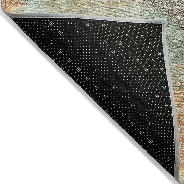 9' X 12' Beige Aqua And Orange Polka Dot Washable Indoor Outdoor Area Rug