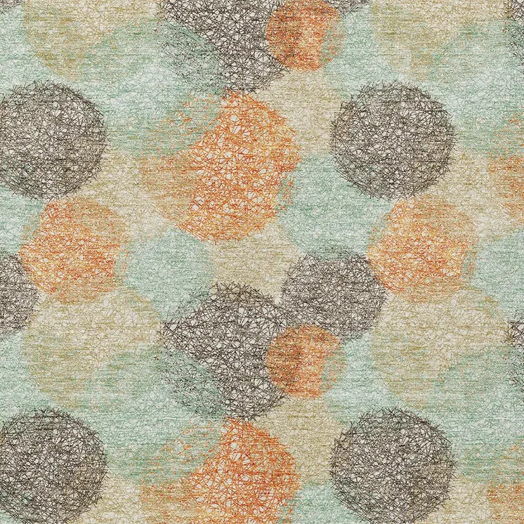 9' X 12' Beige Aqua And Orange Polka Dot Washable Indoor Outdoor Area Rug
