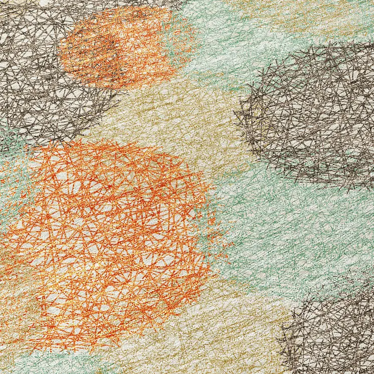 9' X 12' Beige Aqua And Orange Polka Dot Washable Indoor Outdoor Area Rug