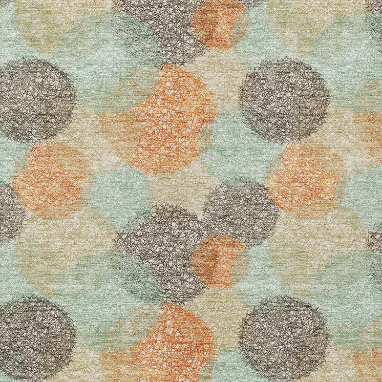 10' X 14' Beige Aqua And Orange Polka Dot Washable Indoor Outdoor Area Rug