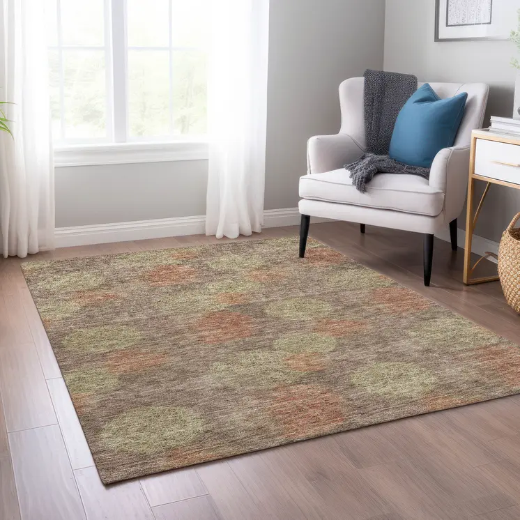 5' X 8' Brown Taupe And Sage Polka Dot Washable Indoor Outdoor Area Rug