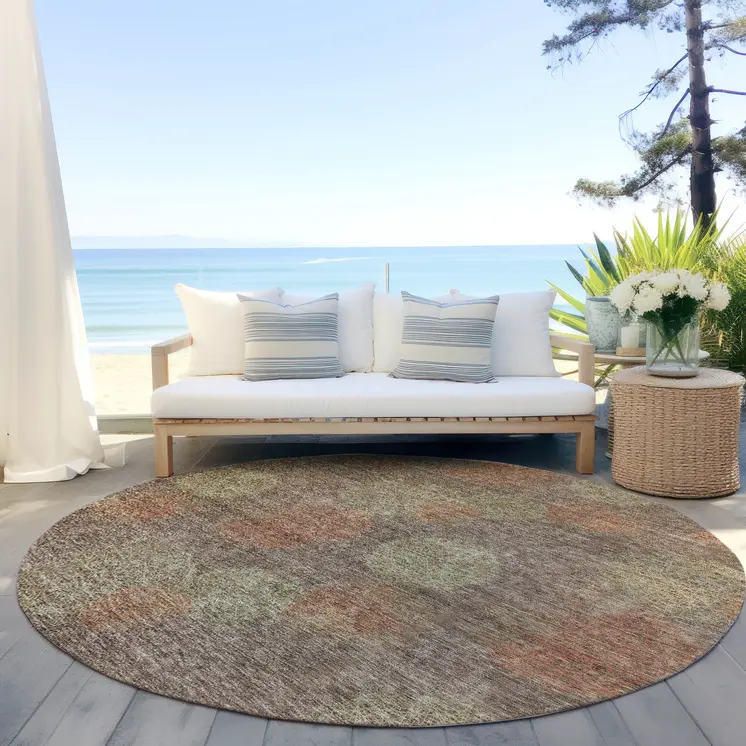 8' Brown Taupe And Sage Round Polka Dot Washable Indoor Outdoor Area Rug