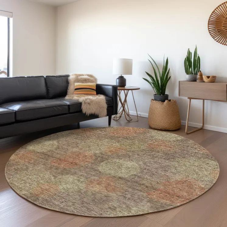 8' Brown Taupe And Sage Round Polka Dot Washable Indoor Outdoor Area Rug