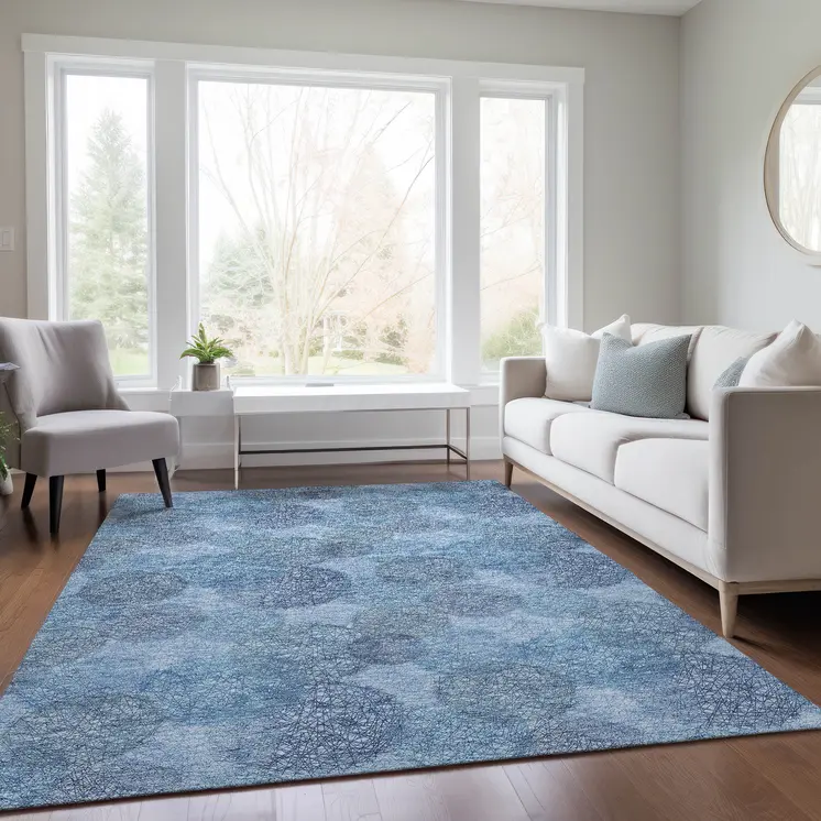 3' X 5' Denim Blue Navy Blue And Ivory Polka Dot Washable Indoor Outdoor Area Rug