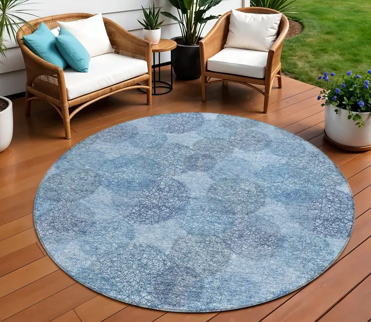 8' Denim Blue Navy Blue And Ivory Round Polka Dot Washable Indoor Outdoor Area Rug