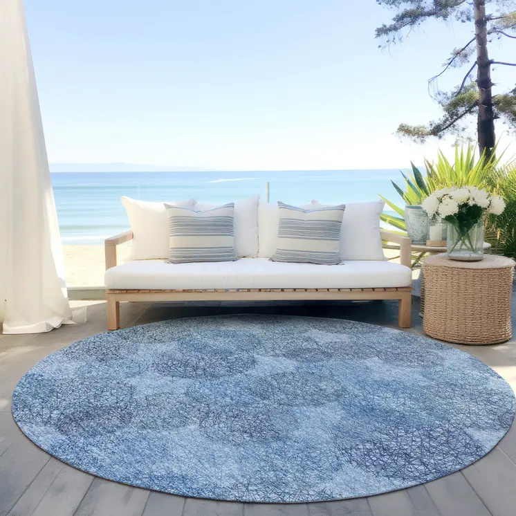 8' Denim Blue Navy Blue And Ivory Round Polka Dot Washable Indoor Outdoor Area Rug