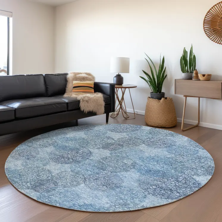 8' Denim Blue Navy Blue And Ivory Round Polka Dot Washable Indoor Outdoor Area Rug