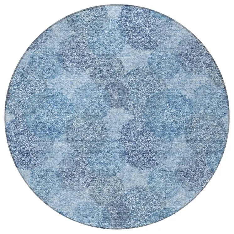8' Denim Blue Navy Blue And Ivory Round Polka Dot Washable Indoor Outdoor Area Rug